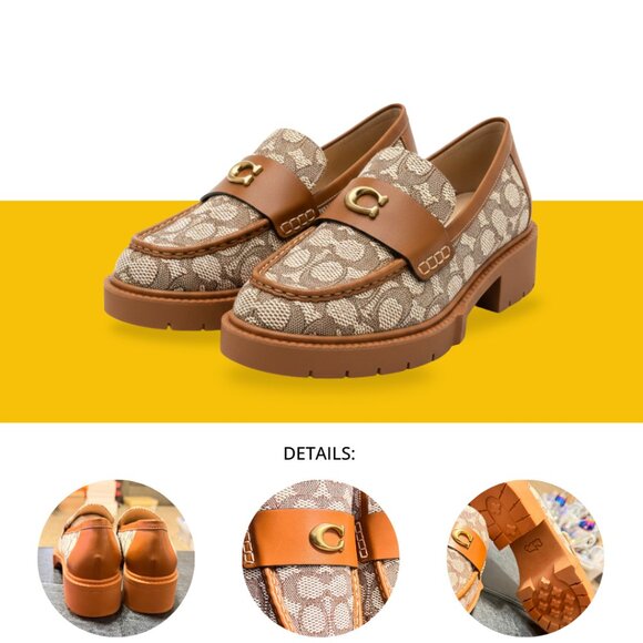 Coach Shoes - Coach Leah Platform Lug Sole Loafers - Signature Jacquard Cocoa/Amber US 10